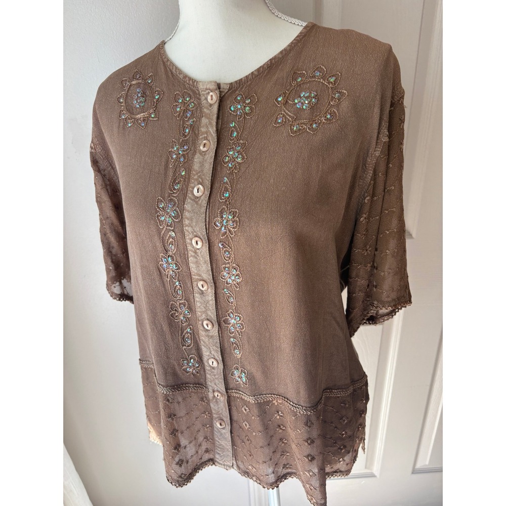 Vintage Magic Beige Embroidered Sequin Lace Tie Back Rayon Blouse Large